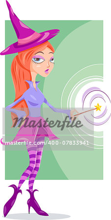 Cartoon Illustration of Cute Witch or Fairy Fantasy Character with Magic Wand