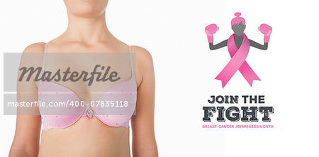 Midsection of woman in pink bra against breast cancer awareness message