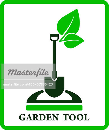 green garden sign with shovel and green leaf