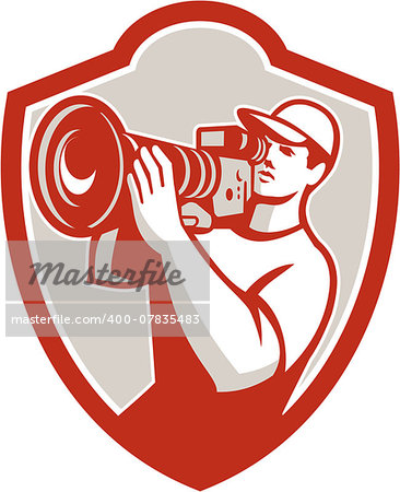 Illustration of a cameraman movie director holding vintage movie film camera on shoulder filiming  set inside shield crest on isolated background done in retro style.