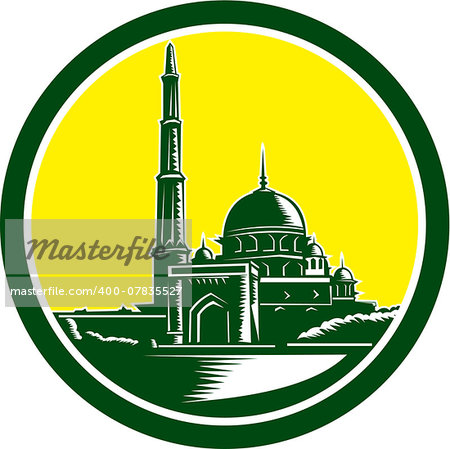 Illustration of the Putra Mosque, or Masjid Putra the principal mosque of Putrajaya, Malaysia set inside oval done in retro woodcut style.