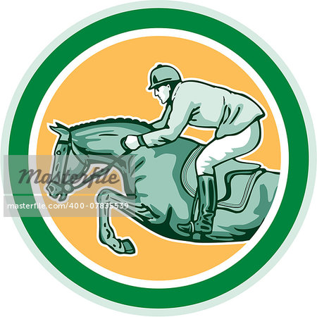 Illustration of a horse and jockey equestrian show jumping show jumping viewed from side set inside circle done in retro style.