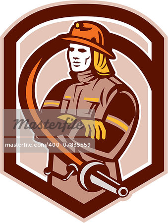 Illustration of a fireman fire fighter emergency worker folding arms with fire hose set inside shield crest on isolated background done in retro style.