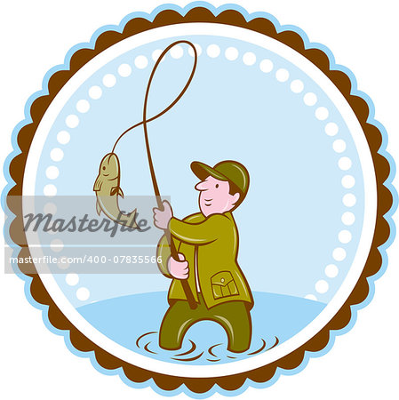 Illustration of a fly fisherman with fish on reel set inside rosette shape on isolated background done in cartoon style.