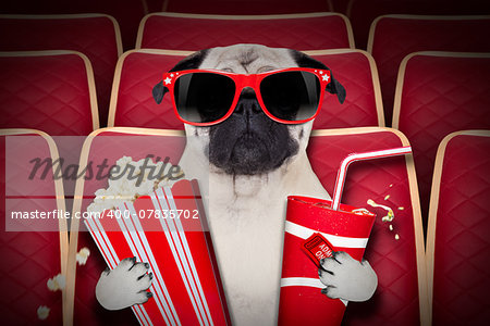 dog watching a movie in a cinema theater, with soda and popcorn wearing glasses