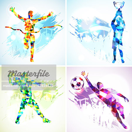 Set Silhouettes Soccer Player with Trophy, Winner, American Football Player and Goalkeeper in Mosaic Pattern and Fans on grunge background.