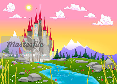 Fantasy mountain landscape with medieval castle. Vector cartoon illustration