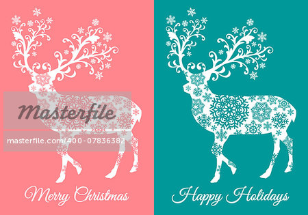 Teal and coral Christmas cards with reindeer silhouette, vector set