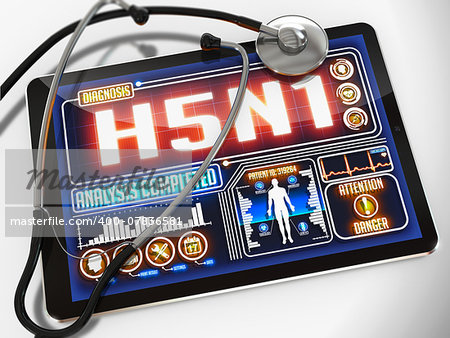 H5N1 - Diagnosis on the Display of Medical Tablet and a Black Stethoscope on White Background.