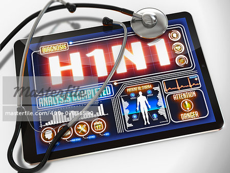 H1N1 - Diagnosis on the Display of Medical Tablet and a Black Stethoscope on White Background.