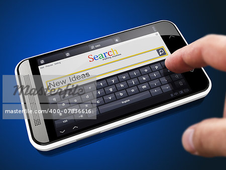 New Ideas in Search String - Finger Presses the Button on Modern Smartphone on Blue Background.