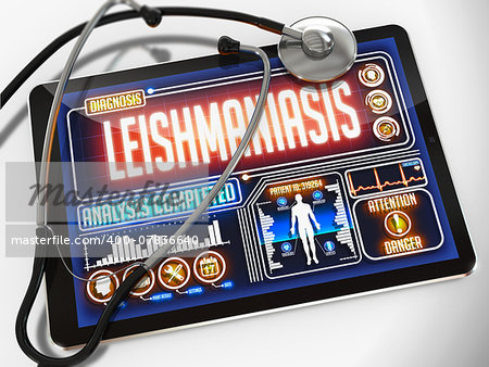 Medical Tablet with the Diagnosis of Leishmaniasis - Diagnosis on the Display of Medical Tablet and a Black Stethoscope on White Background.