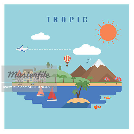 Tropic landscape flat vector: beach, island and sea