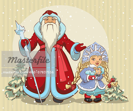 Russian Santa Claus. Grandfather Frost and Snow Maiden. Christmas card. Illustration in vector format