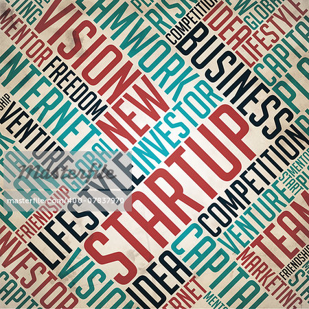 Startup - Retro Word Collage on Old Paper.