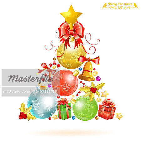 Christmas Tree with Candy, Mistletoe, Gift and Baubles isolated on white background, vector illustration.