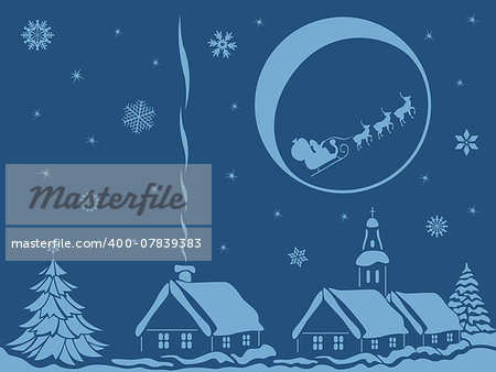Village in calm Christmas night with Santa Claus and reindeer on Moon background, hand drawing vector bicolour illustration