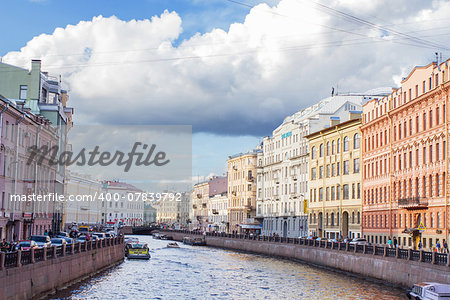 St.Petersburg , Russia - River channel with boats in Saint-Petersburg. Summer
