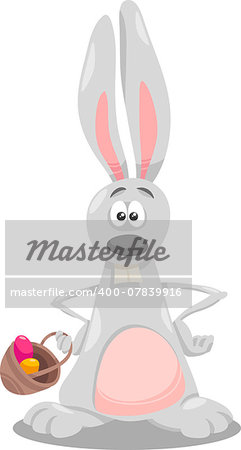 Cartoon Illustration of Funny Easter Bunny with Eggs in the Basket