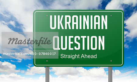 Highway Signpost with Ukrainian Question Wording on Sky Background.