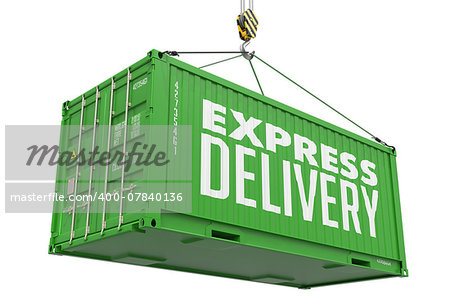 Fast Delivery - Green Cargo Container hoisted by hook, Isolated on White Background.
