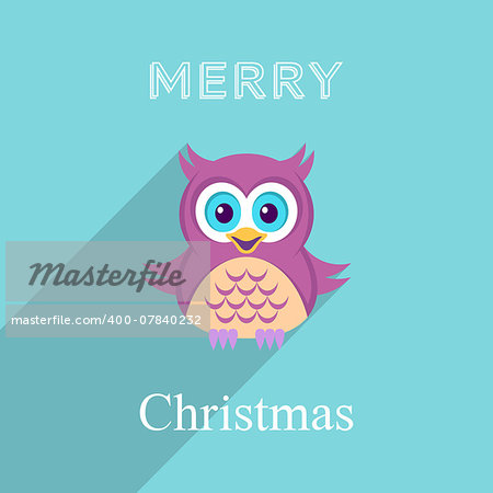 Christmas vector card with cute owl long shadow