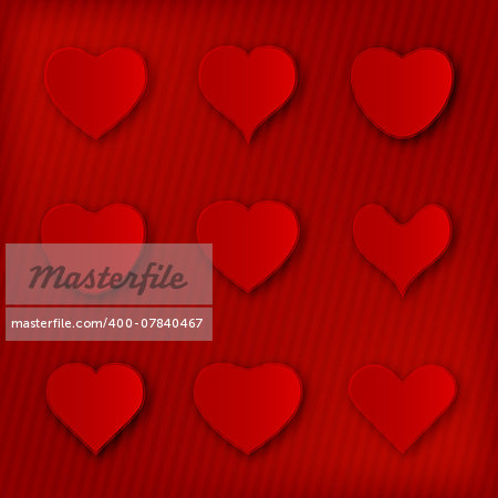 Various red heart shape icons with shadow over textured background