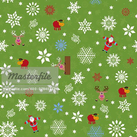 Seamless vector pattern for Christmas motifs with Santa, reindeer, sheep and many snowflakes over green seamless background