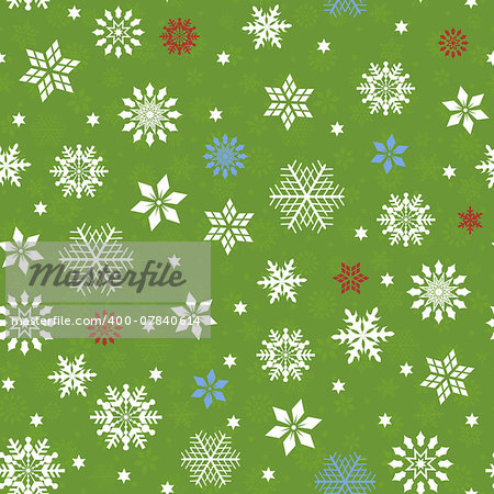 Seamless vector pattern with many snowflakes over green seamless background