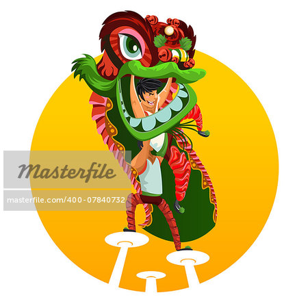 An Illustration Of Chinese Lion Dancing.   Useful As Icon, Illustration And Background For Chinese New Year Theme.