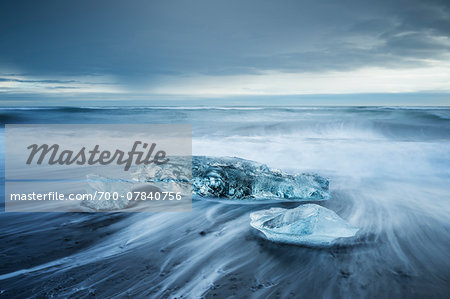 Long Exposure of Icebergs Stranded on Beach at Dawn, Iceland