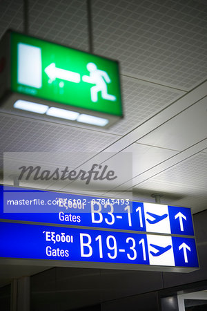 Gate signboard at airport, close-up