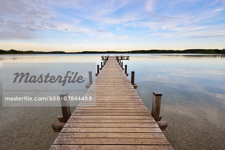 Wooden Jetty at Sunset, Lake Woerthsee, Fuenfseenland, Upper Bavaria, Bavaria, Germany