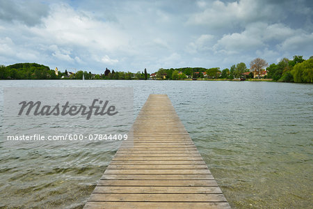 Wooden Jetty in Lake, Wessling, Lake Wesslingersee, Fuenfseenland, Upper Bavaria, Bavaria, Germany Wooden Jetty in Lake, Wessling, Lake Wesslingersee, Fuenfseenland, Upper Bavaria, Bavaria, Germany