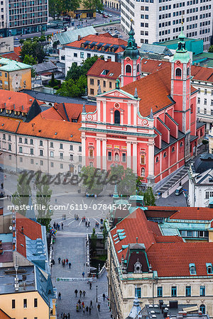 Franciscan Church of the Annunciation, across the Triple Bridge in Preseren Square, seen from Ljubljana Castle, Slovenia, Europe