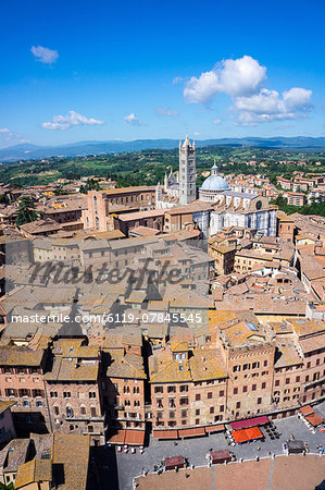 View from Torre del Mangia of Piazza del Campo and city skyline, UNESCO World Heritage Site, Siena, Tuscany, Italy, Europe