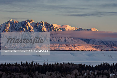 Teton Range at first light in the winter, Grand Teton National Park, Wyoming, United States of America, North America