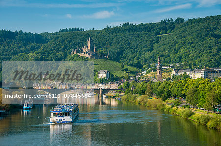Cruise ship passes Cochem Castle, Cochem, Moselle Valley, Rhineland-Palatinate, Germany, Europe