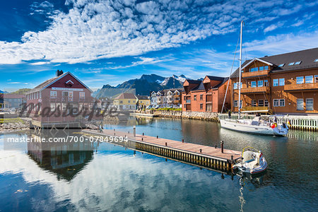 Scenic view of village and harbour, Kablevag, Vagan, Austvagoya, Loften, Nordland, Northern Norway, Norway Scenic view of village and harbour, Kablevag, Vagan, Austvagoya, Loften, Nordland, Northern Norway, Norway