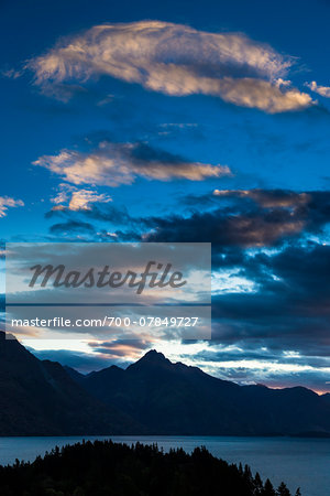 Silhouette of mountains at dusk, Queenstown, Otago, South Island, New Zealand