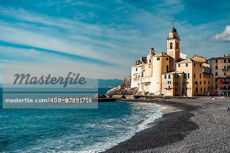 View of Camogli. Camogli is a small Italian fishing village and tourist resort