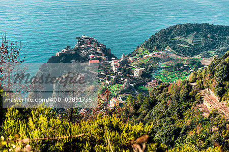 Birds Eye View of Riomaggiore. Riomaggiore is the first village of the Cinque Terre, Italy.