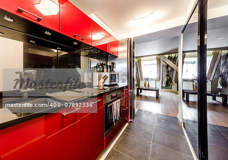 Interior of modern red kitchen