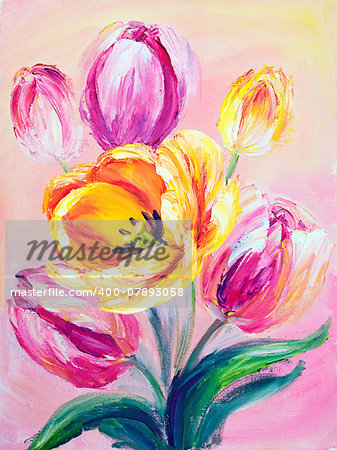Pink tulips, oil painting on canvas