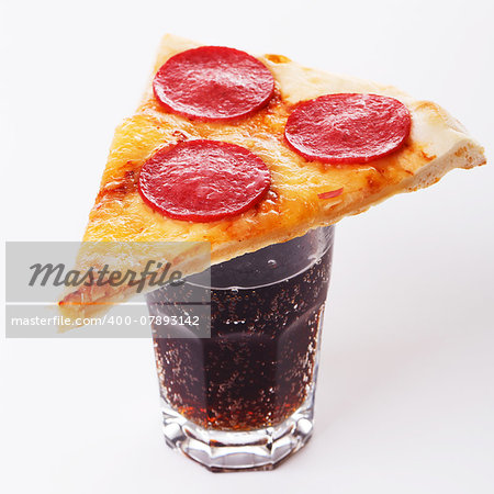 Food, restaurant. Delicious pizza with glass of coke