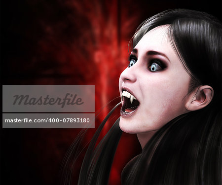 Illustration of 3d vampire girl on red background.