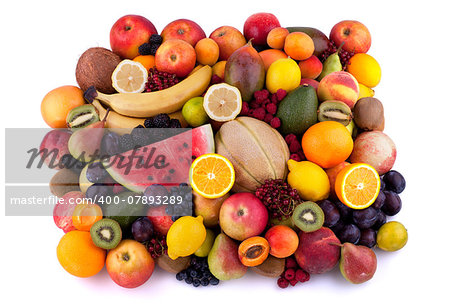 Collection of different fruits and berries isolated on white background.