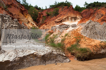 Fairy Stream Canyon. Tourist route. Red river between rocks and jungle. Mui Ne. Vietnam