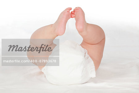 Cute baby bum with diaper on white background. Cute soft baby, selected focus.