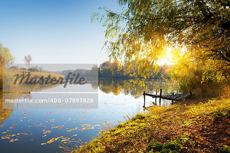 Calm river and autumn forest at sunrise